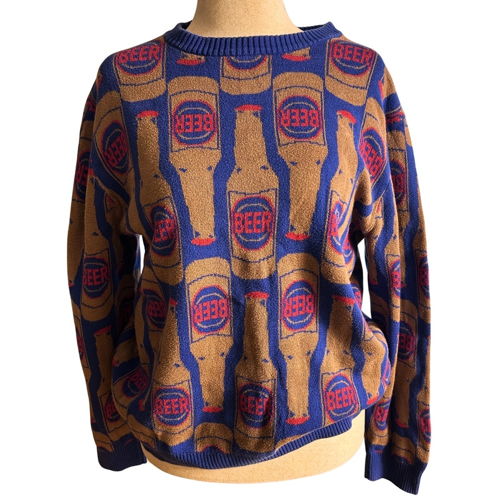 Alex Stevens Beer Bottle Sweater Blue Graphic Novelty Knit Size L